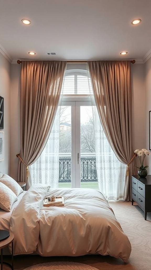 Luxurious window treatments in a teen bedroom featuring elegant drapes and sheer curtains.