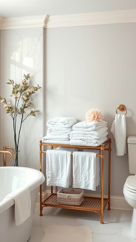 Luxurious bathroom with neatly stacked white towels on a gold rack, a bathtub, and decorative elements.
