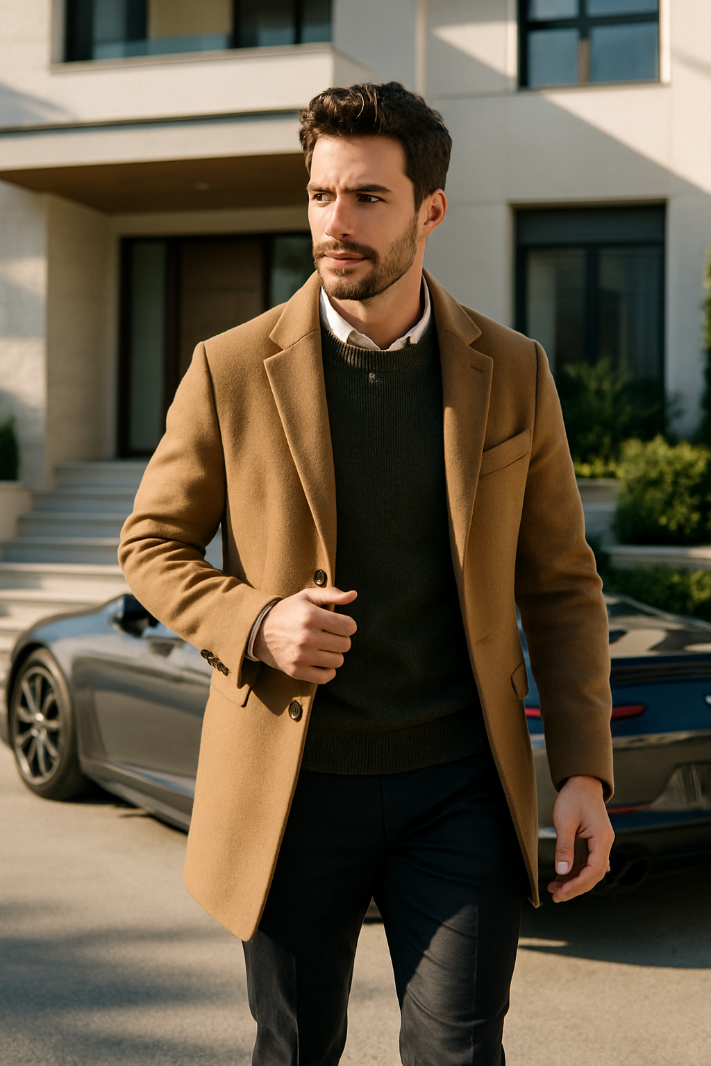 A well-dressed man walking next to a luxury car outside a modern home.