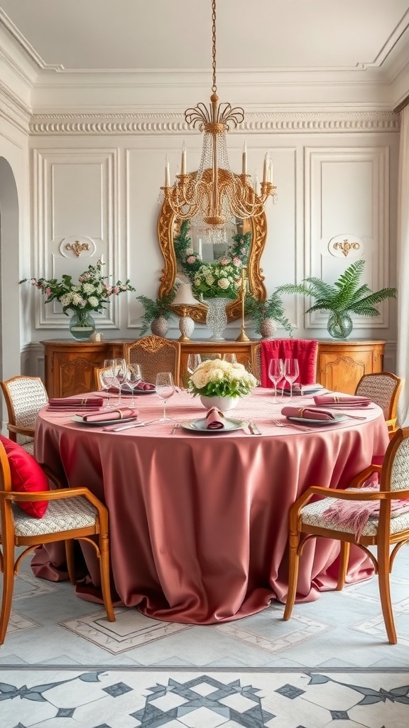 A beautifully set dining table with a blush-colored tablecloth, elegant glassware, and floral arrangements.