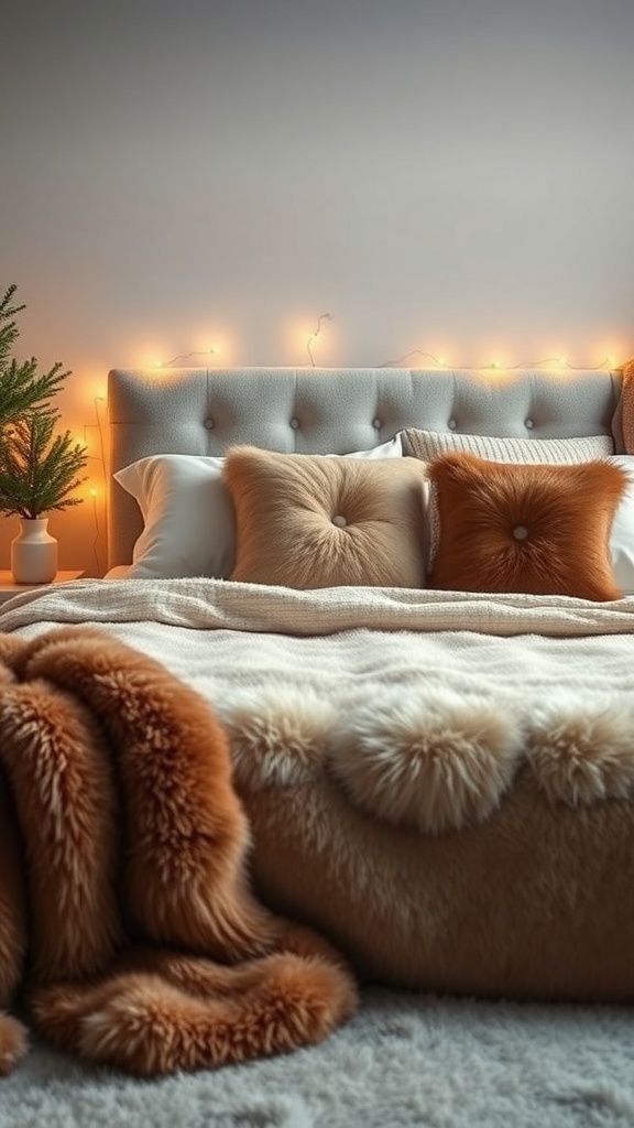 A cozy bedroom featuring a bed with faux fur throws and pillows, warm lighting, and a small Christmas tree.