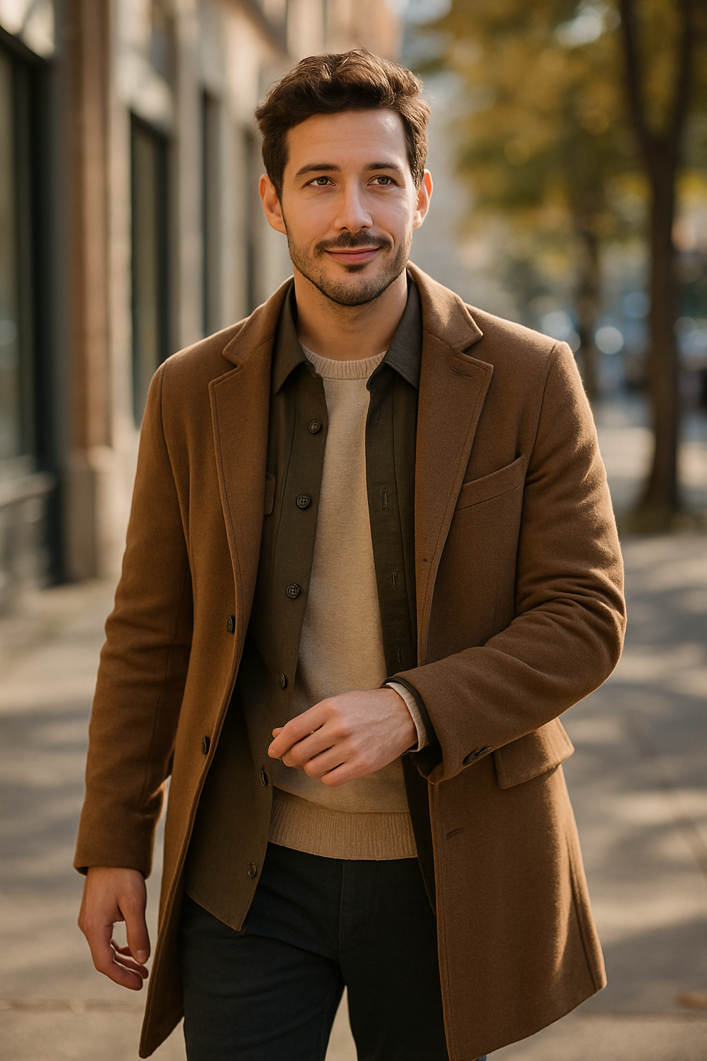 A man dressed stylishly walks in a city setting, embodying confidence and luxury.