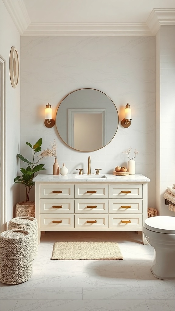 A luxury bathroom with a white vanity, marble countertop, round mirror, and warm lighting.