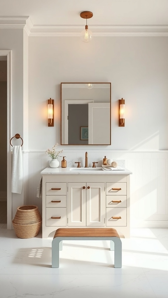 Luxury bathroom with single sink vanity, marble countertop, and elegant decor