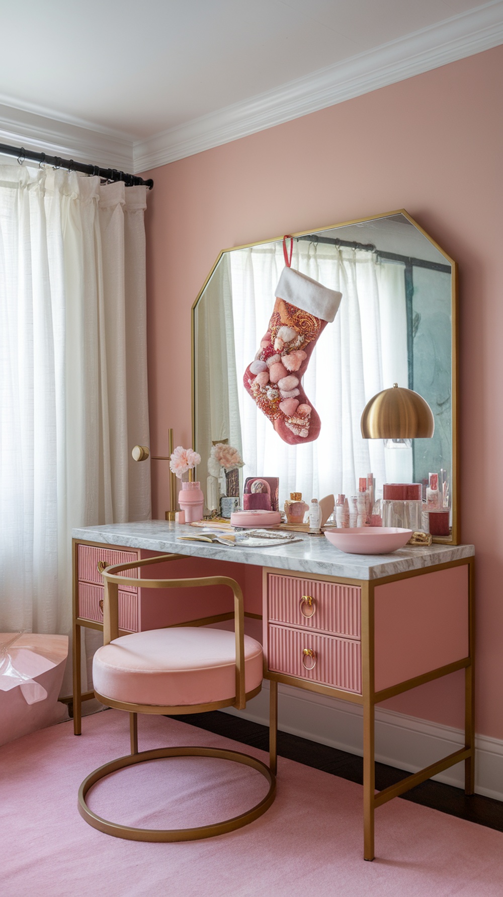A beautifully decorated pink and gold room featuring a luxury Christmas stocking filled with treats.