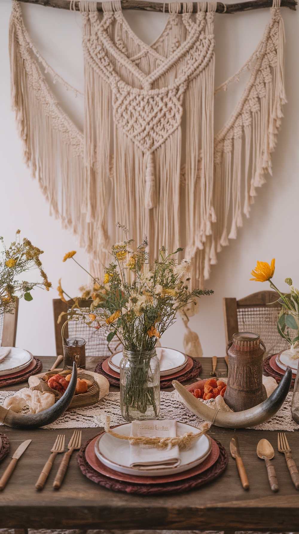 A boho Thanksgiving table featuring a macrame wall hanging, rustic tableware, and floral arrangements.