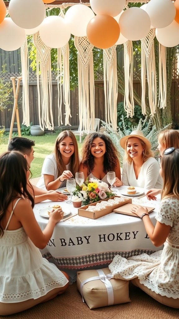 A cozy baby shower setup featuring macrame decorations, balloons, and a table with floral arrangements and treats.