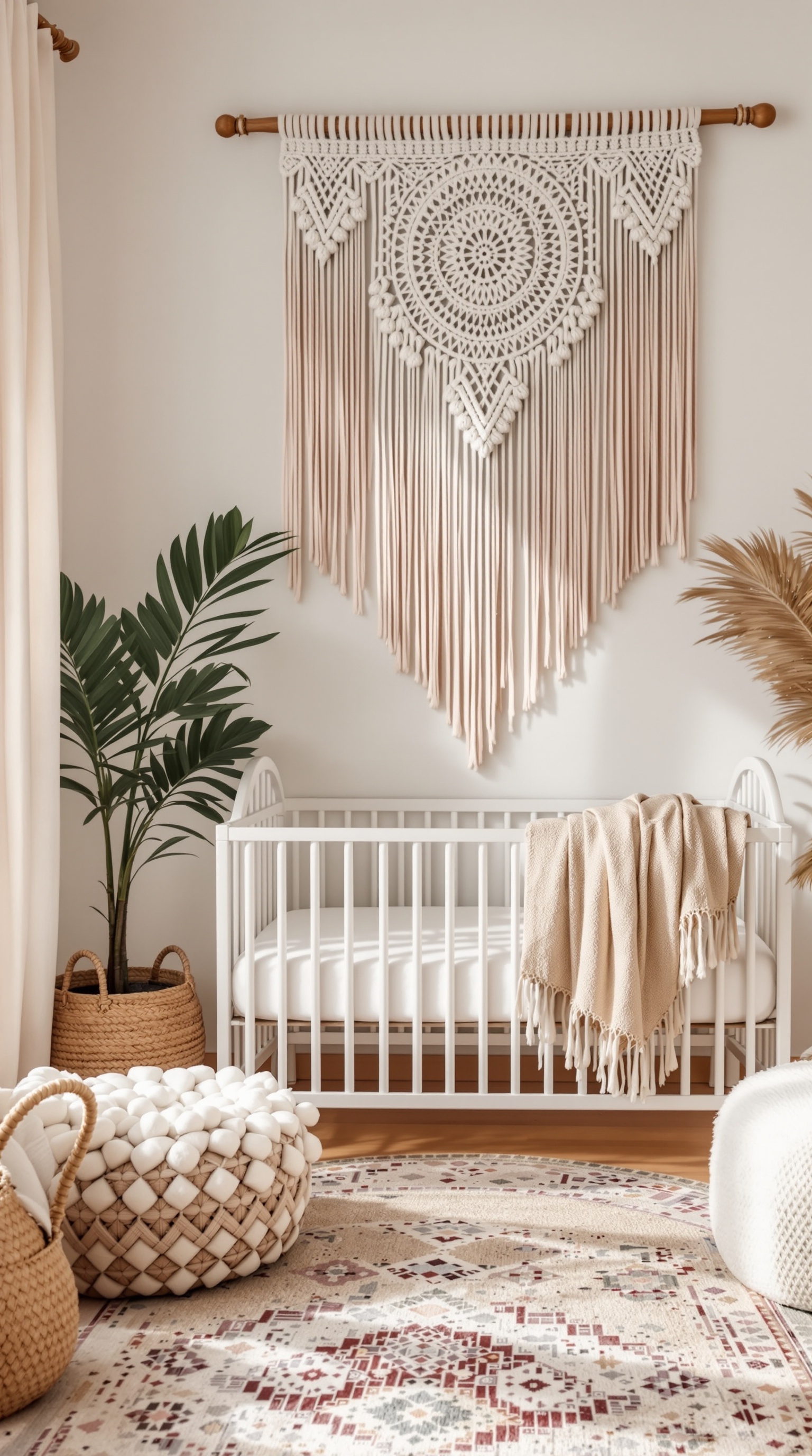 A boho baby nursery featuring a macrame wall hanging above a white crib, with plants and woven baskets.