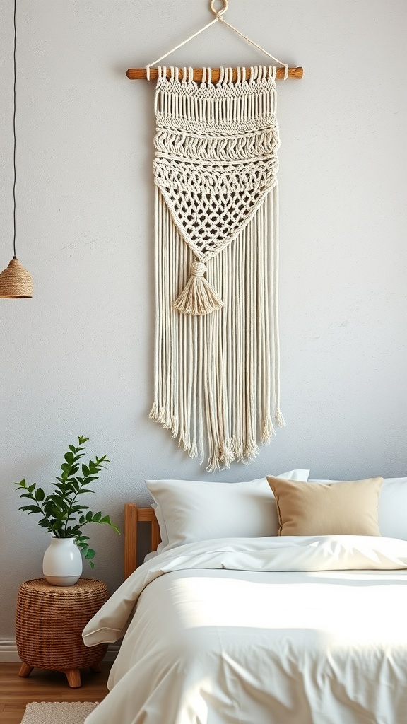 A macrame wall hanging with intricate knots and a tassel, displayed above a bed with neutral bedding and a plant beside it.