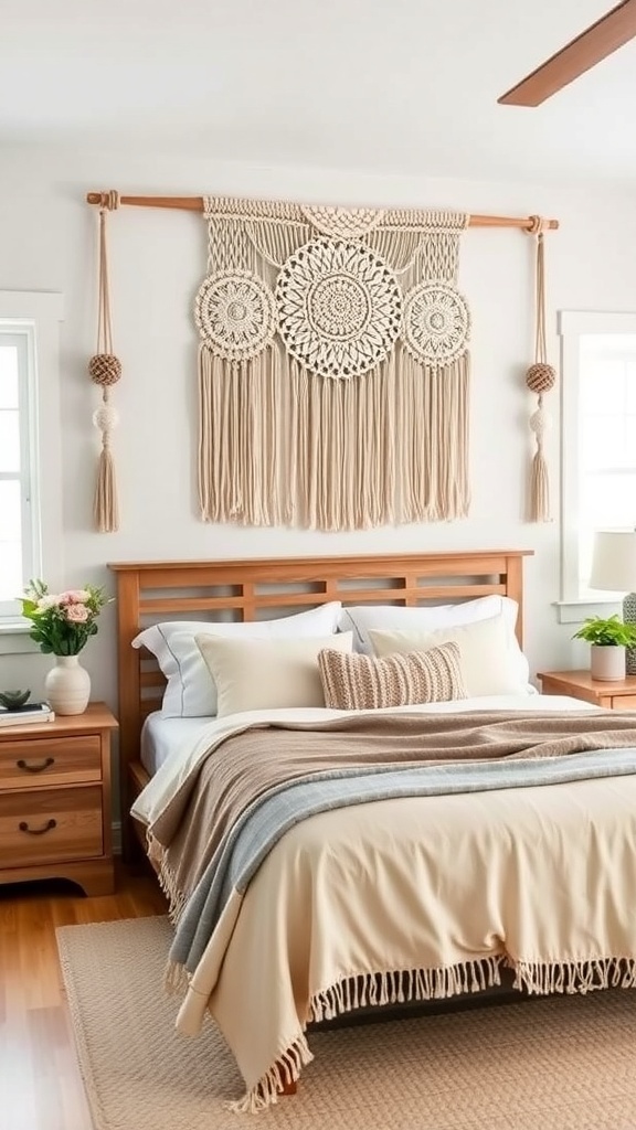 A cozy boho farmhouse bedroom featuring a macrame wall hanging above the bed.