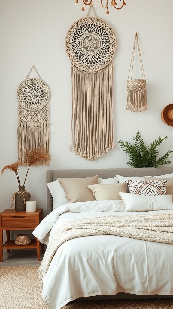 A romantic boho bedroom featuring macrame wall hangings, a cozy bed, and natural decor elements.