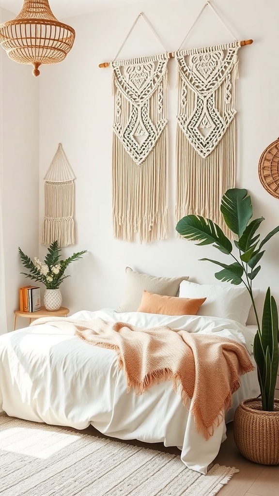 A cozy boho teen bedroom featuring macrame wall hangings, a bed with soft bedding, and indoor plants.