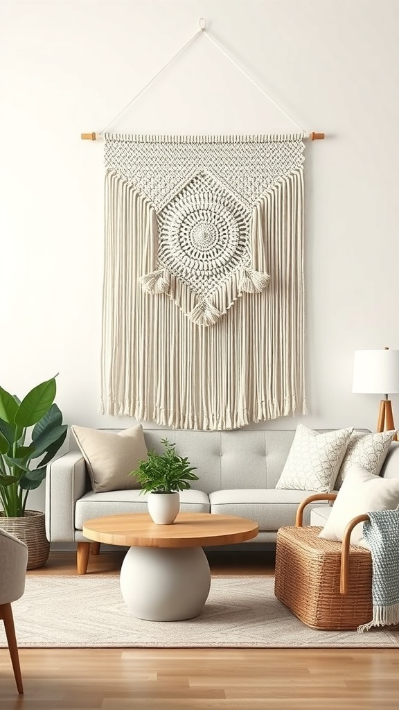 A stylish macrame wall hanging with a diamond design and fringe, displayed above a cozy couch in a modern living space.