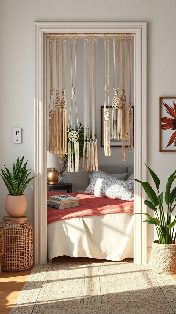 A macramé hanging door decor in a bedroom, with plants and a cozy bed visible.