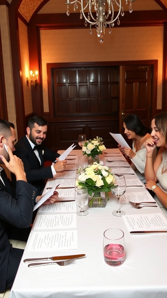 A lively wedding reception table with guests enjoying their time together.