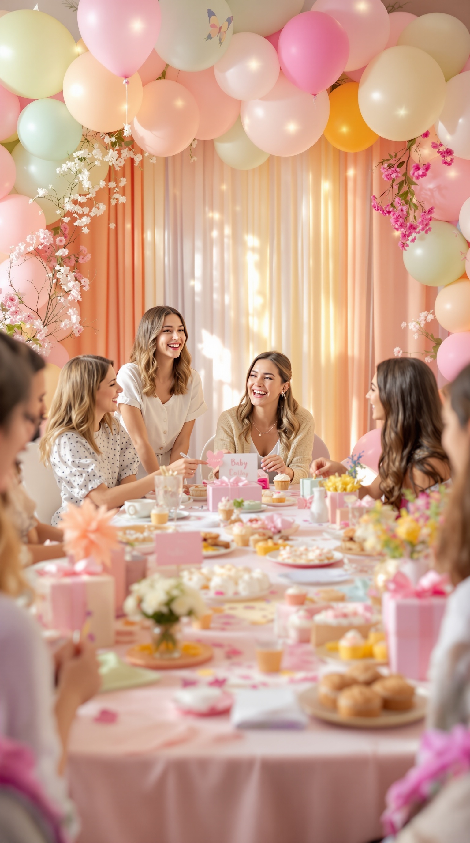 A vibrant butterfly-themed baby shower photo booth with balloons and flowers, featuring guests enjoying the celebration.