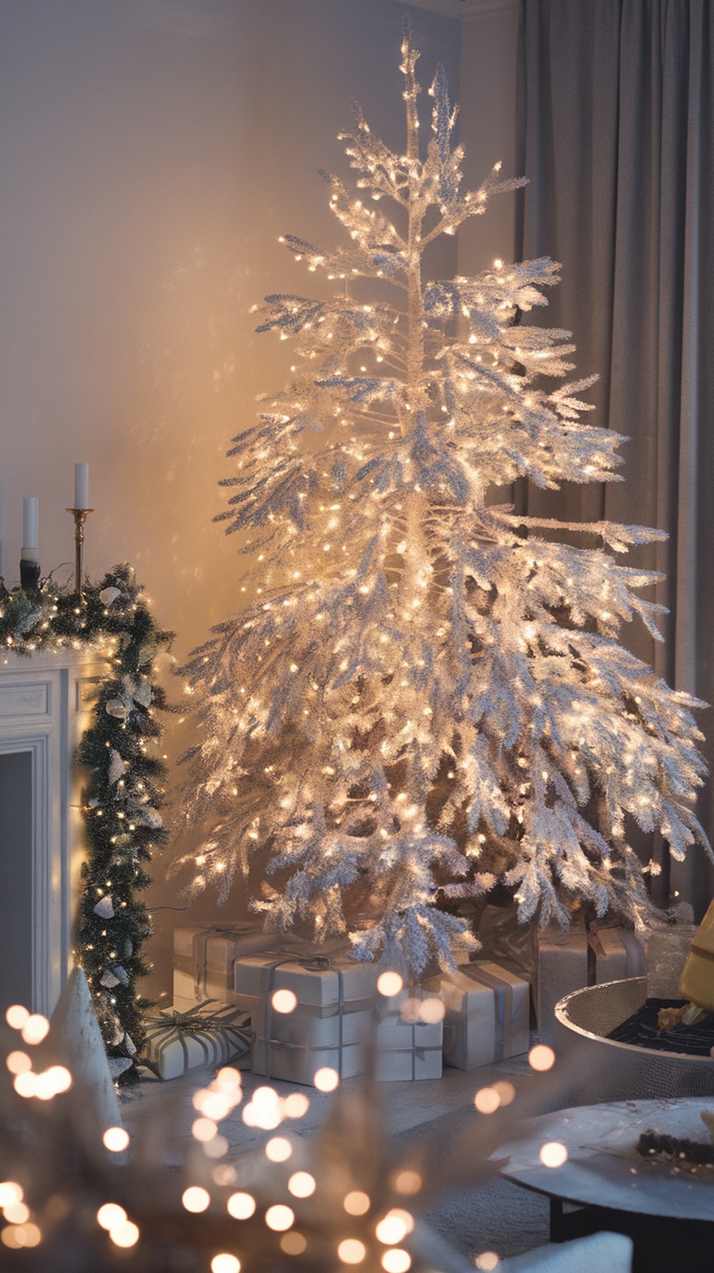 A white Christmas tree adorned with fairy lights, surrounded by wrapped gifts.