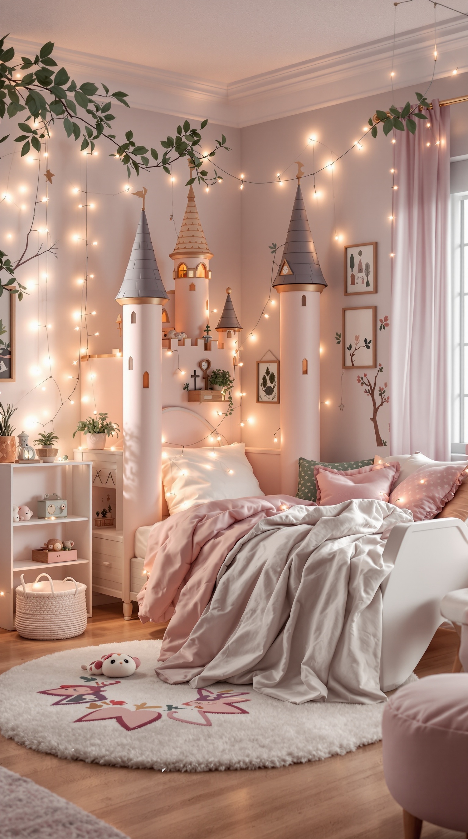 A cozy kids' room corner featuring castle towers, fairy lights, and soft bedding.