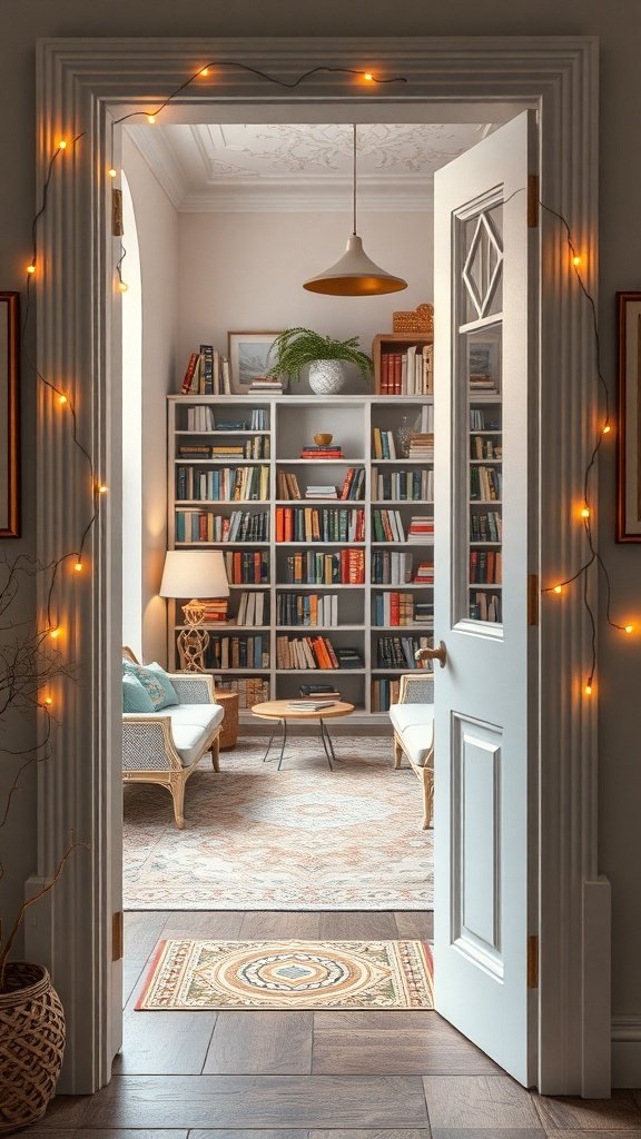 A cozy reading nook with bookshelves, a sofa, and string lights.