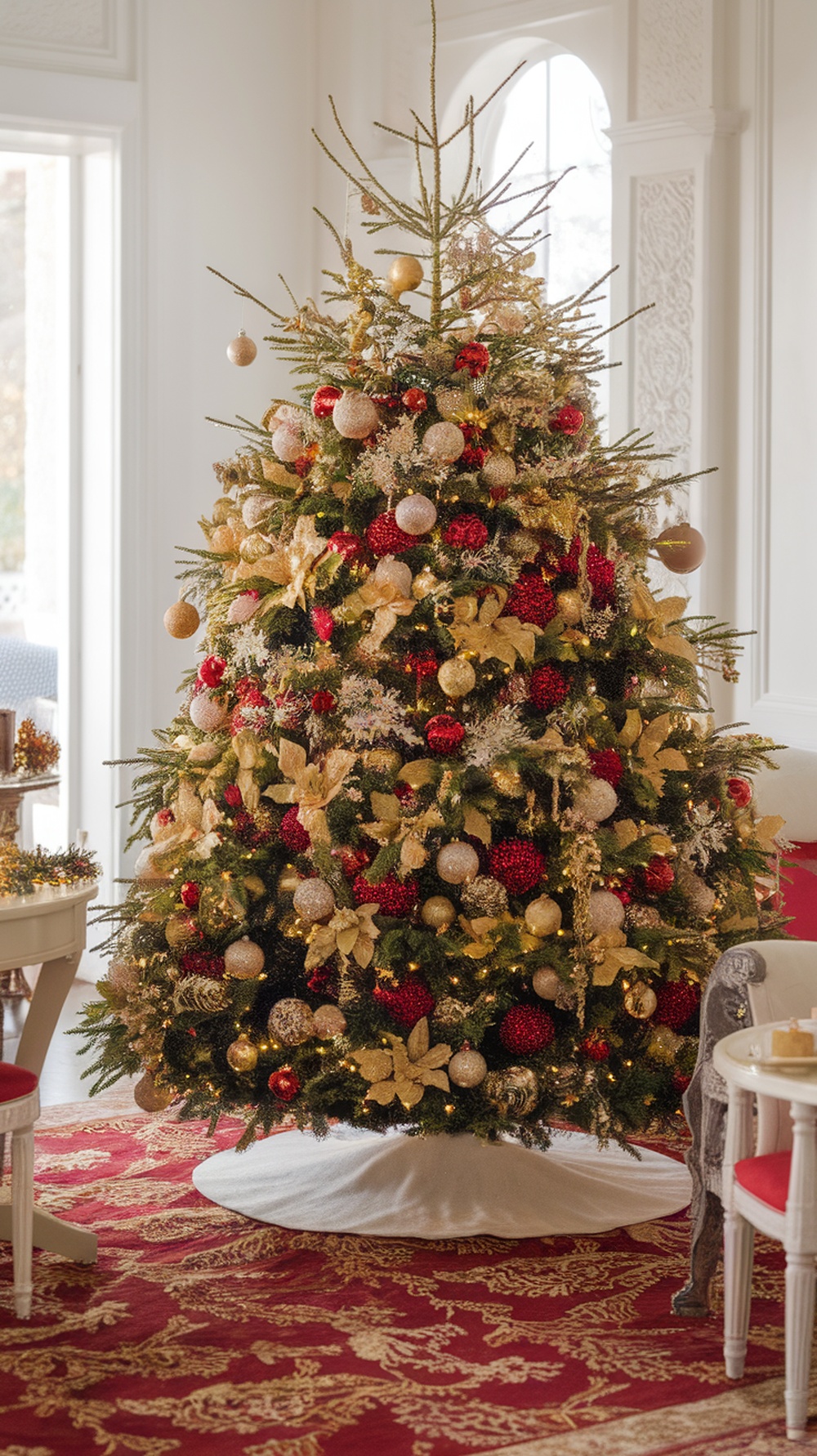 A beautifully decorated red and gold Christmas tree with ornaments and lights.