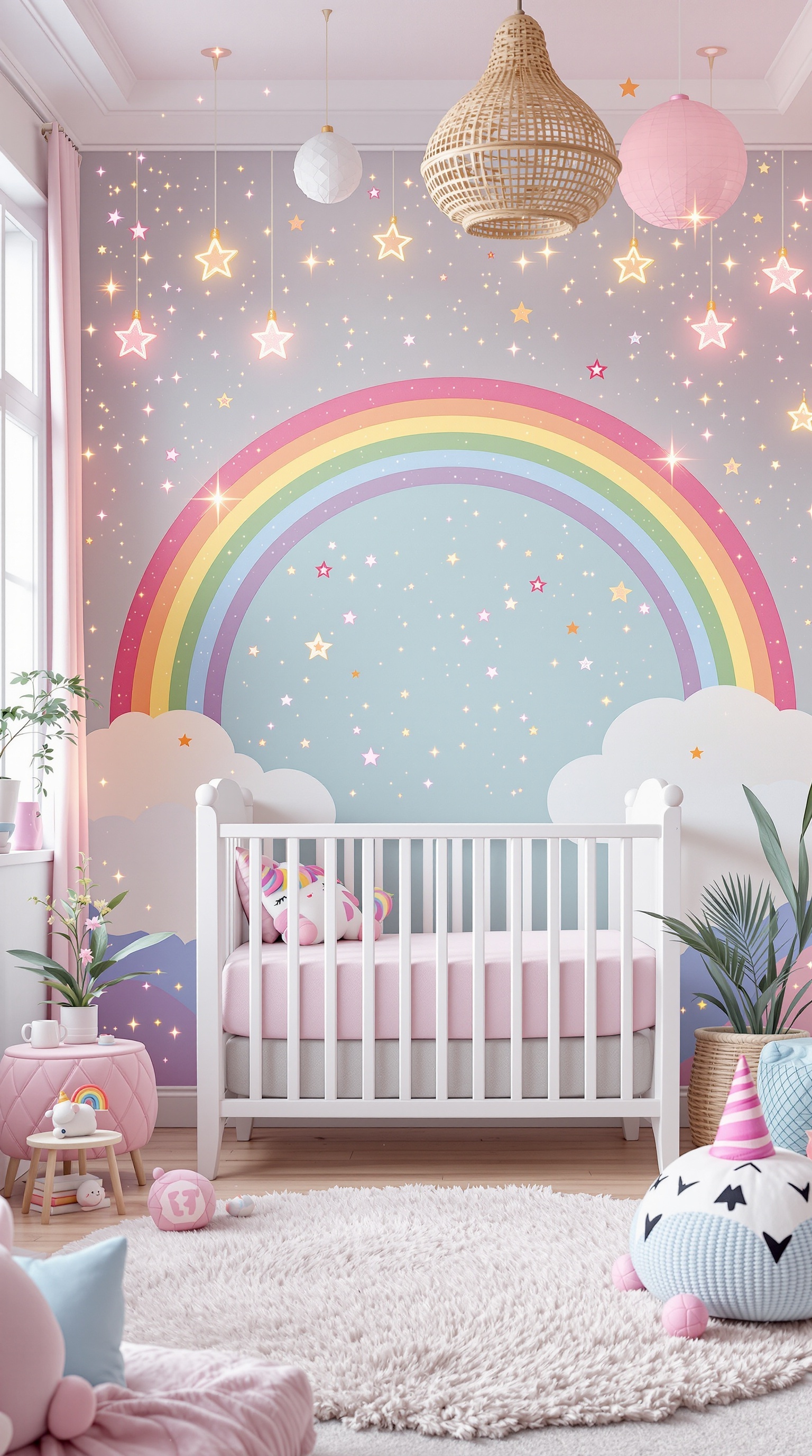 A beautifully decorated baby room with a rainbow mural, stars, and unicorn-themed decor.