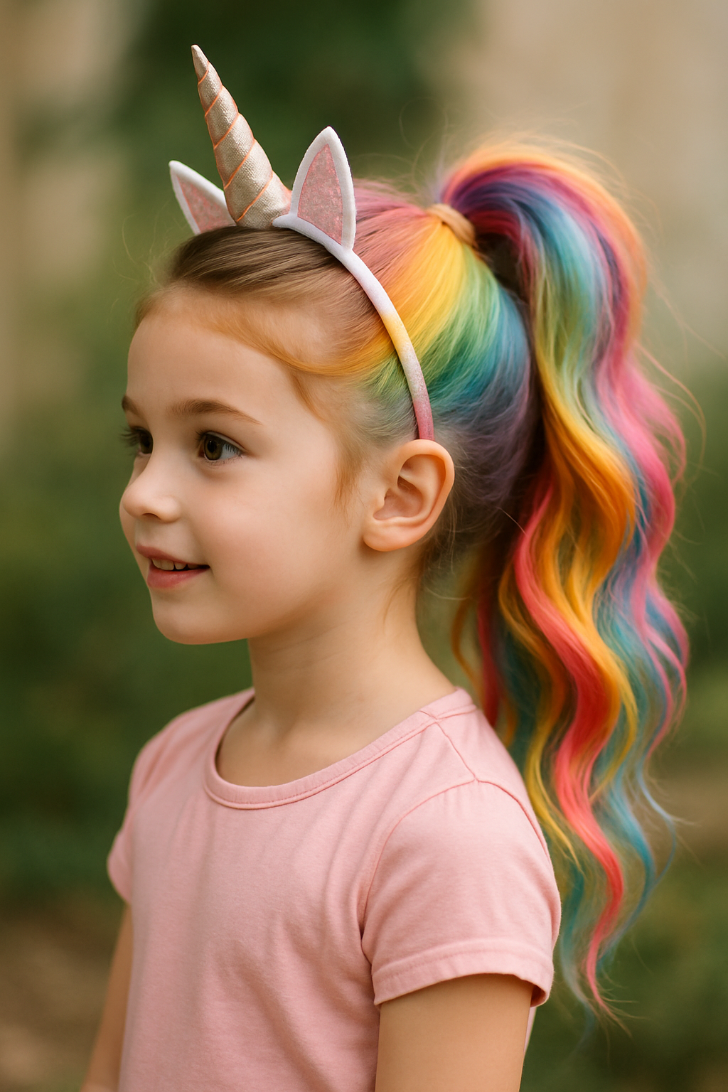 A young girl with a colorful unicorn ponytail and a unicorn headband.
