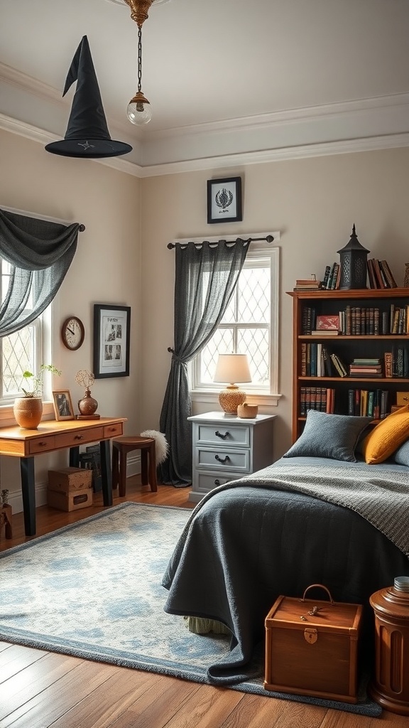 A cozy boys bedroom designed as a magical wizard retreat, featuring a hanging wizard hat, bookshelf, and warm lighting.