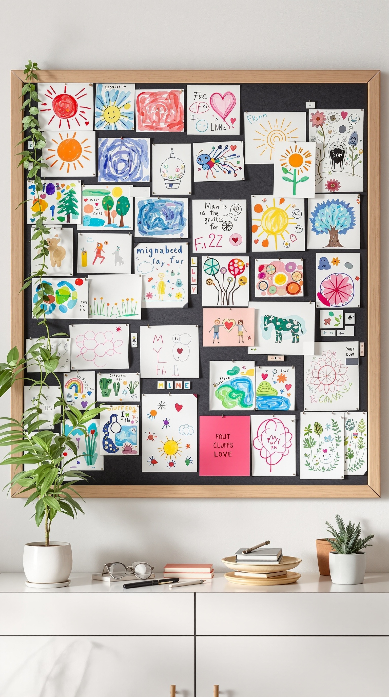 A magnetic board displaying colorful kids' artwork with plants and decor around it.