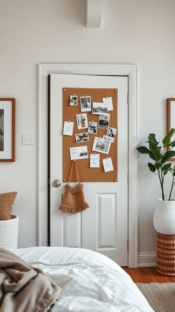A magnetic board on a bedroom door displaying photos and notes.