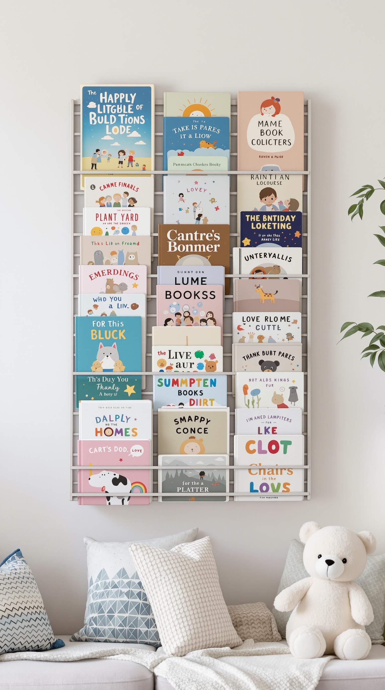 A stylish magnetic book storage display with colorful children's books arranged on horizontal shelves.