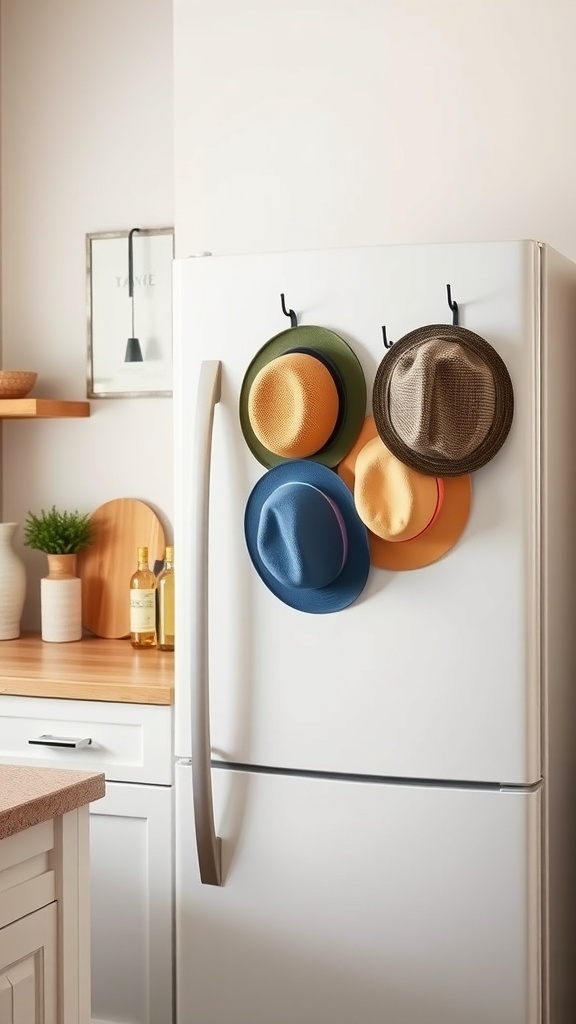 Colorful hats hanging on magnetic hooks on a refrigerator door.