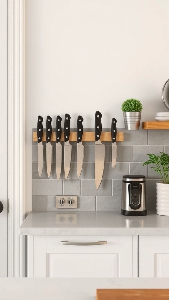 A magnetic knife strip mounted on a wall, displaying several knives in a modern kitchen setting.
