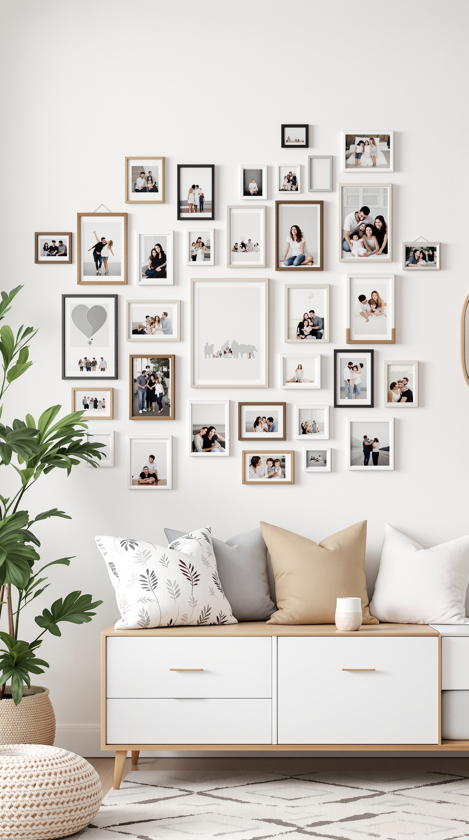 A stylish wall display featuring various photo frames in different sizes and colors, showcasing family memories.