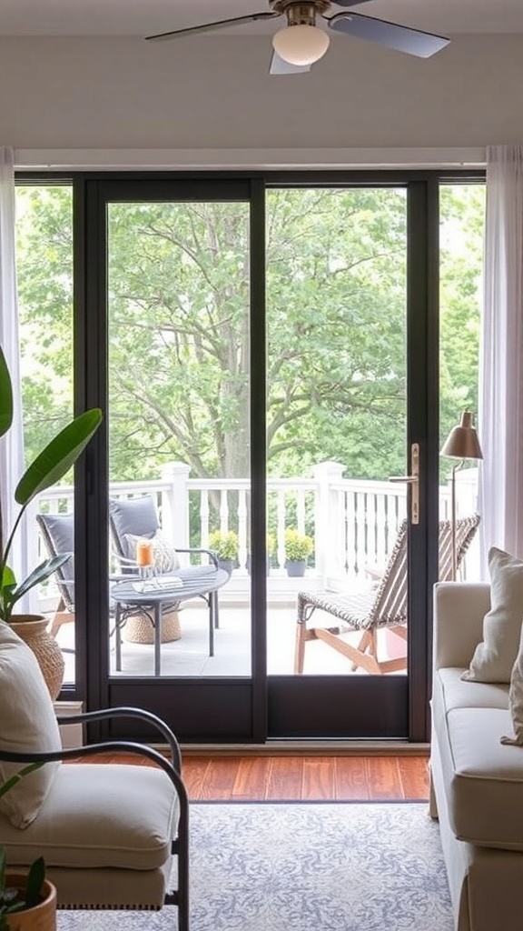 A view of a sliding glass door leading to a patio with seating and greenery outside.