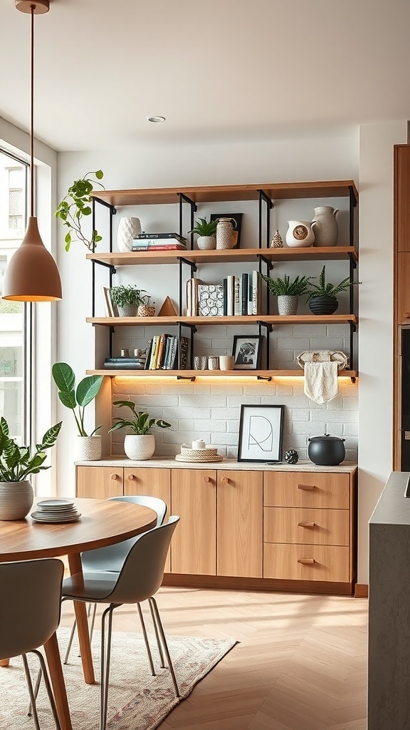 Modern interior with magnetic shelves displaying plants and decor.