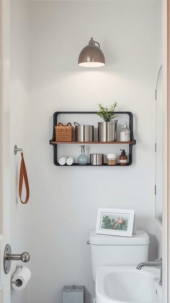 A stylish bathroom with a magnetic shelf above the toilet showcasing various items in a modern design.