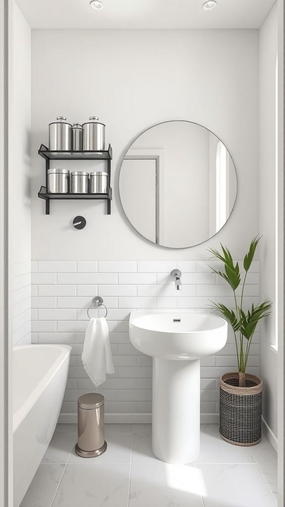 A modern bathroom featuring a black magnetic shelf with canisters, a round mirror, and a clean, minimalist design.
