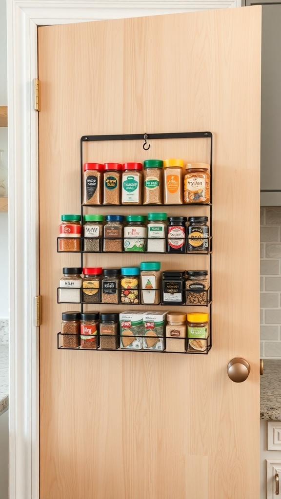 Magnetic spice rack mounted on a pantry door with various spice jars organized neatly.
