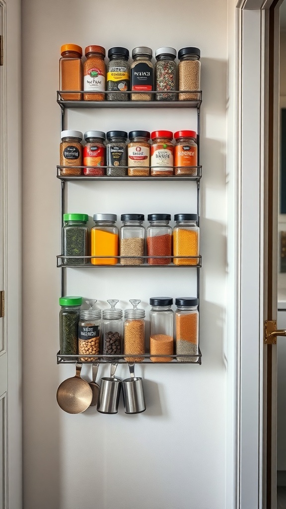 A wall-mounted magnetic spice rack displaying various jars of spices and herbs.