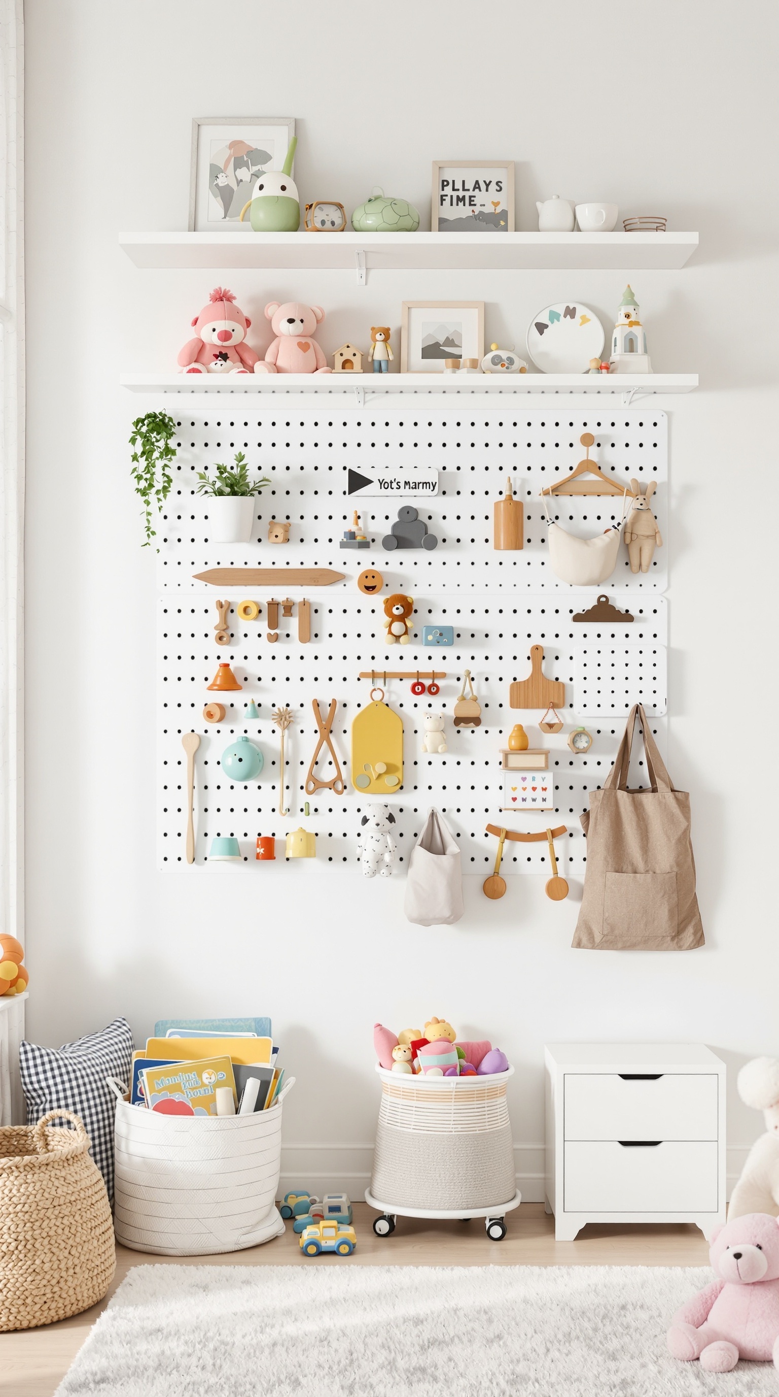 A playroom with a pegboard for magnetic storage, showcasing colorful toys and decorative items on shelves.