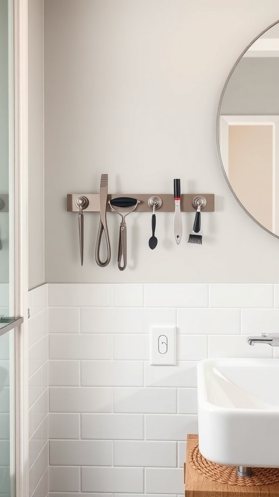 A magnetic strip mounted on a bathroom wall holding various grooming tools.