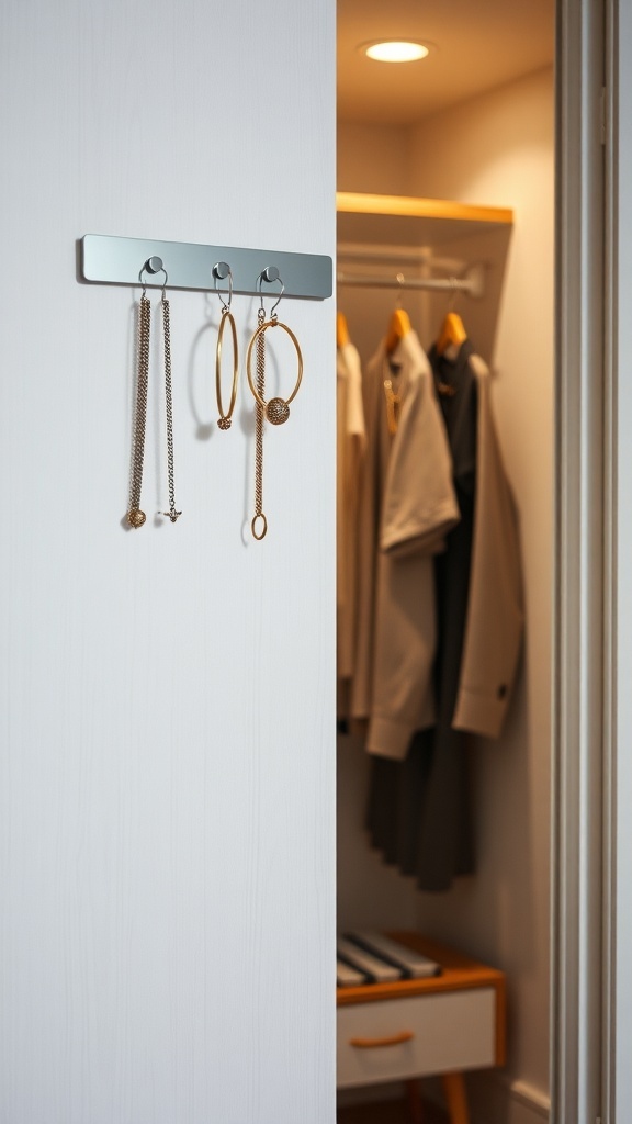 Magnetic strip with jewelry hanging on a wall, with a closet in the background