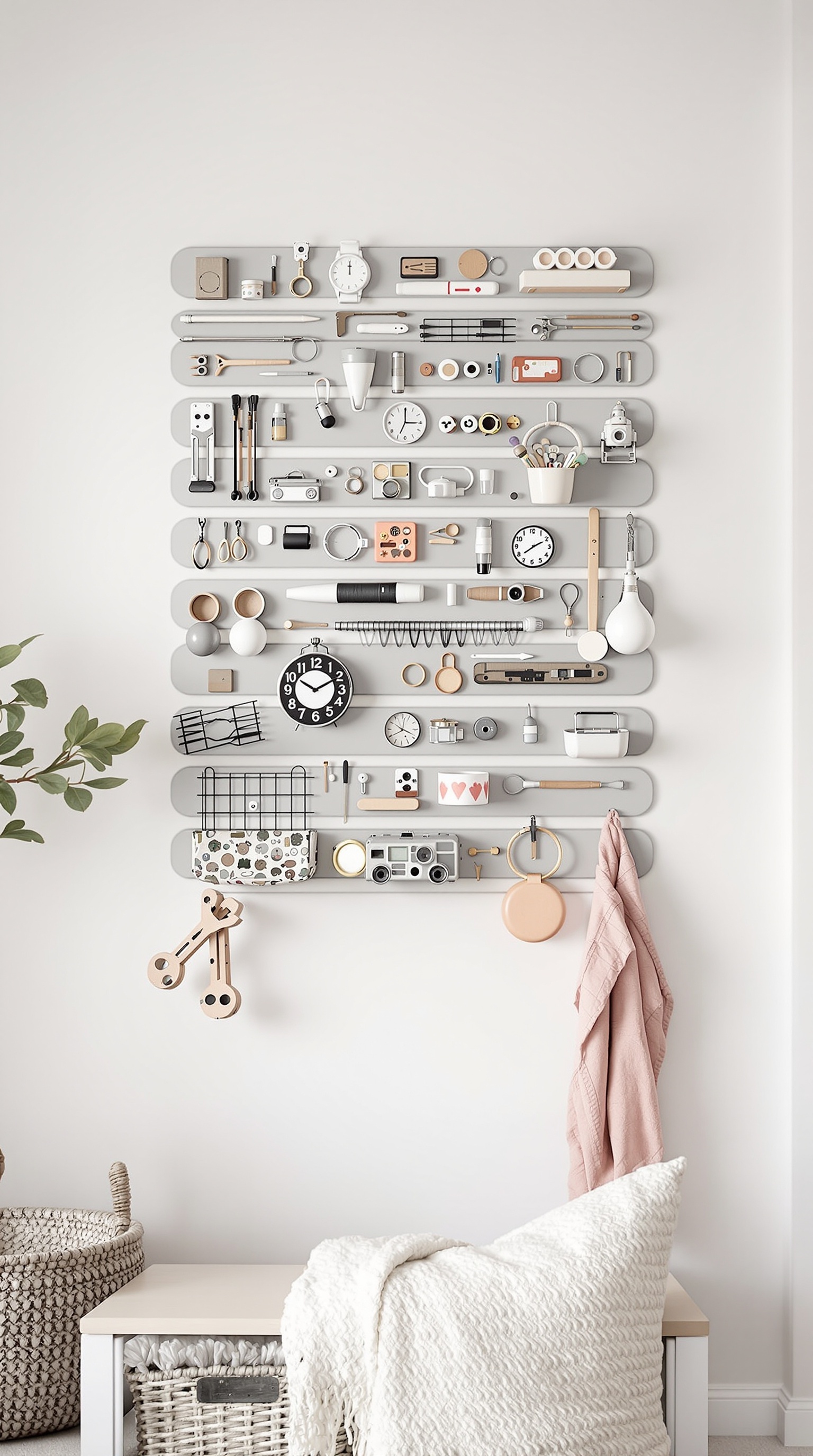 A wall-mounted magnetic strip displaying various small items for organization.