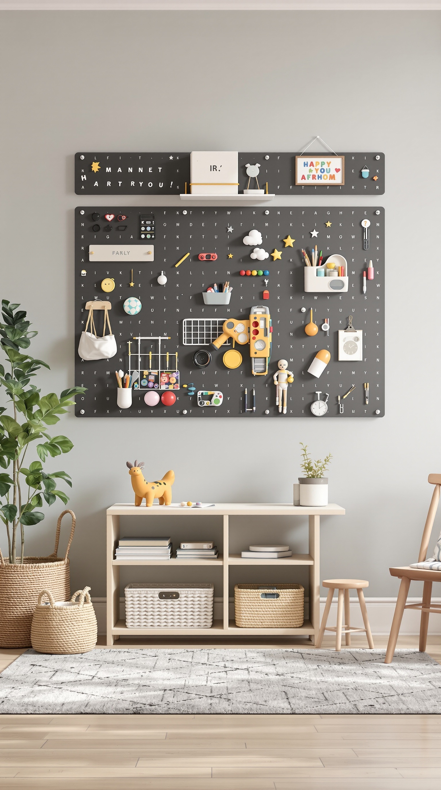 A colorful pegboard with various small items attached using magnets, showcasing an organized toy storage solution.