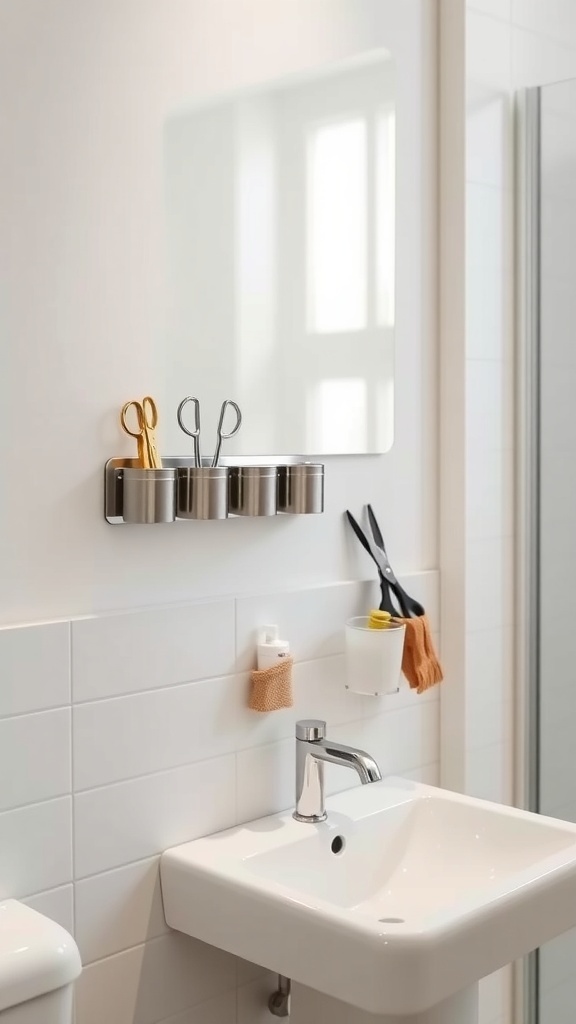 A small bathroom with a wall-mounted magnetic strip holding metal containers for organizing scissors and other small items.