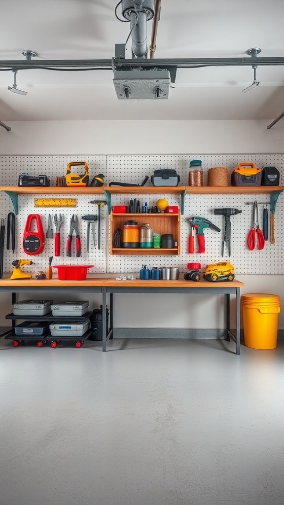 A well-organized garage workspace with magnetic strips holding small tools on a pegboard.