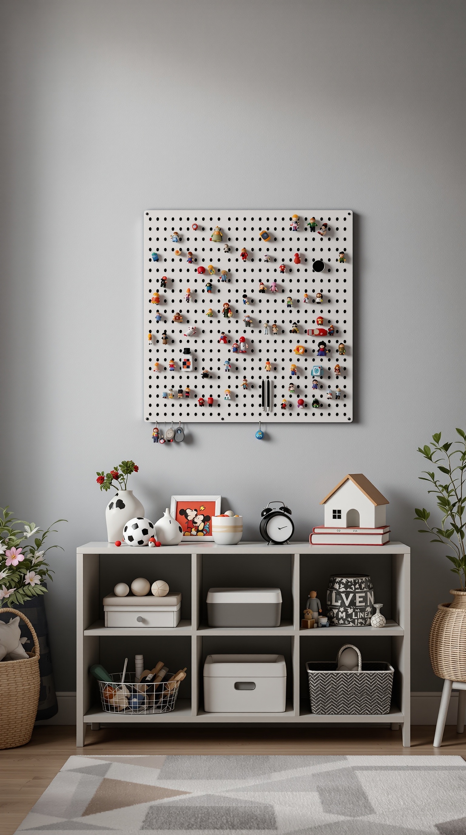 A pegboard with small toys attached using magnetic strips, alongside a shelf with various storage bins.