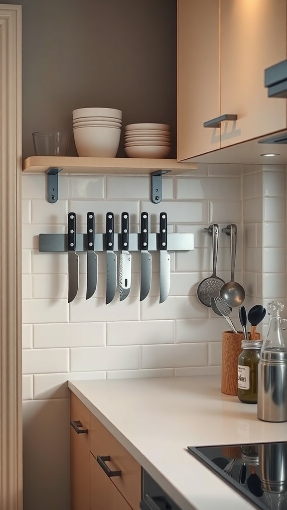A kitchen with a magnetic strip holding knives on the wall, showcasing organized tool storage.