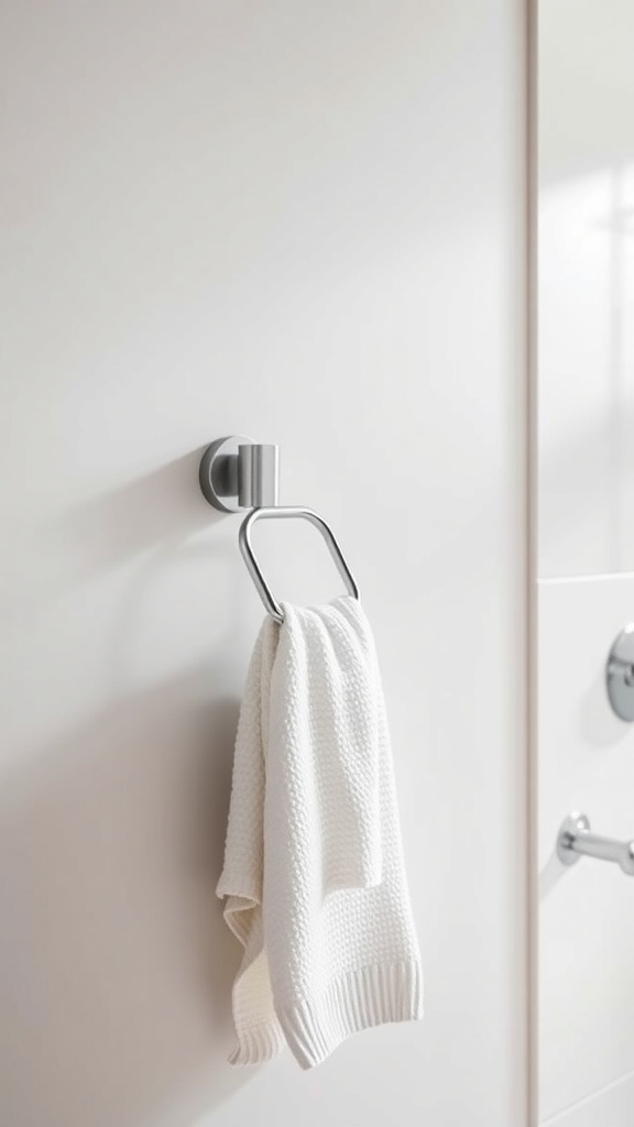 A modern magnetic towel holder with a white towel hanging on it