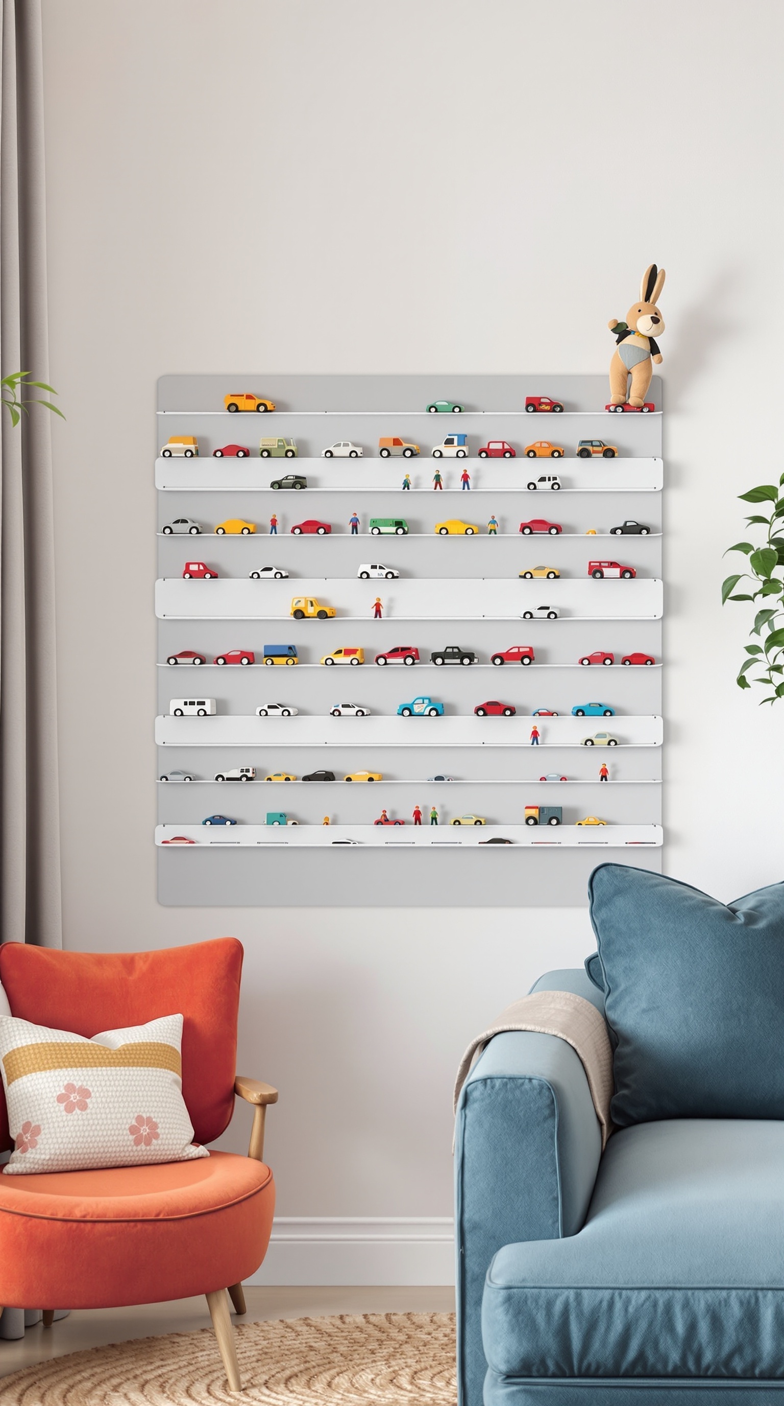 A stylish wall-mounted toy storage solution featuring colorful toy cars and figures on multiple shelves.